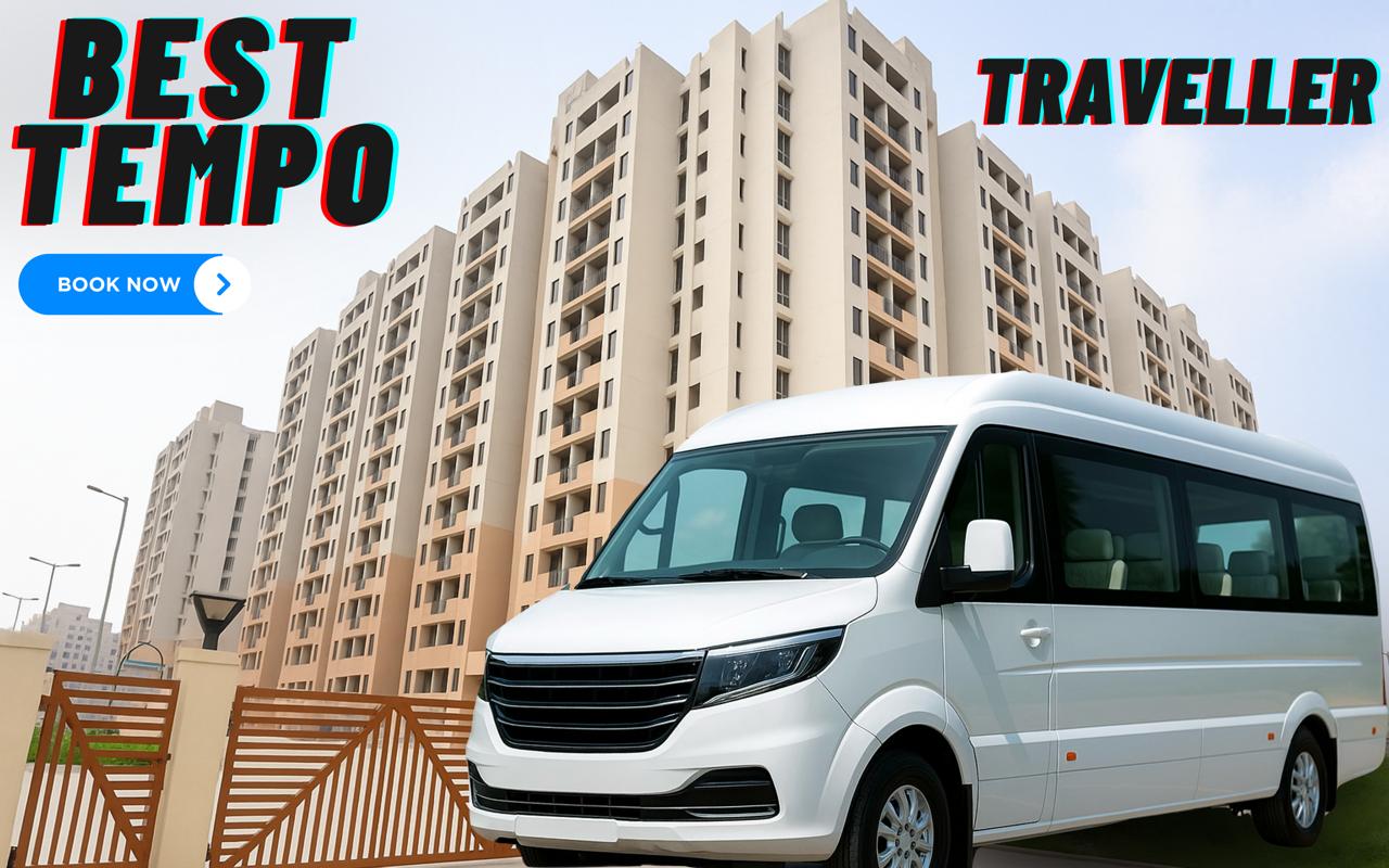 White luxury tempo traveller parked in front of modern apartment buildings with bold text “Best Tempo Traveller” and a “Book Now” button displayed.